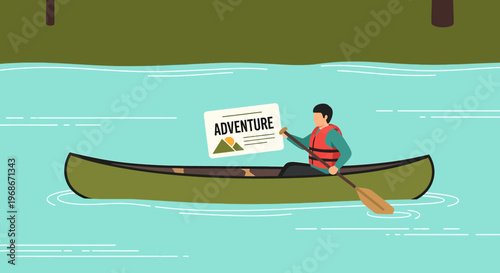 Man Canoeing with Adventure Sign on Water