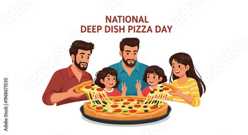 A cheerful family enjoys National Deep Dish Pizza Day, depicted in a colorful vector illustration against a clean white background, showing two parents and their children sharing a large