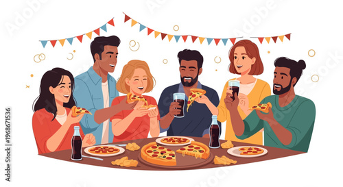 Vector illustration of a diverse group of people celebrating National Deep Dish Pizza Day, happily eating pizza slices and drinking beverages at a table decorated with festive bunting