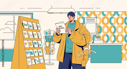 Man Choosing Greeting Card in Store with Retro Decor