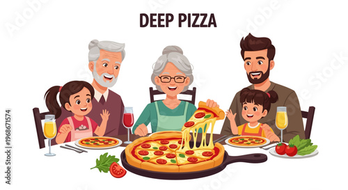 A family celebrates National Deep Dish Pizza Day in a colorful illustration, with characters gathered around a table sharing slices of cheesy pizza, designed with a bright, cheerful style
