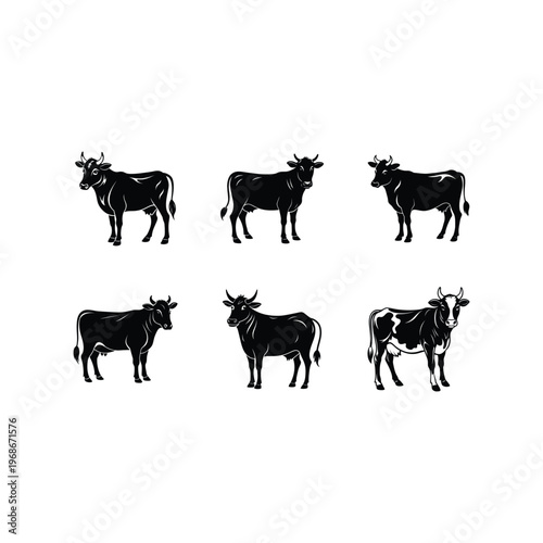 Set of six black and white cow silhouettes on white background.