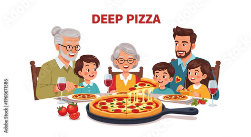 A vector illustration depicts a multi-generational family enjoying a deep dish pizza celebration together, with the focus on a large, cheesy pizza in a cast iron skillet, set