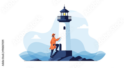 Man climbing lighthouse, seeking guidance by the sea, concept of hope and direction