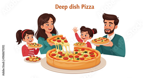A cheerful family enjoys National Deep Dish Pizza Day, illustrated in a colorful vector design, with a mother serving a cheesy slice from a large pizza while other family members hold
