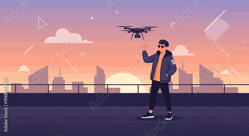 Man Controlling Drone Over City Rooftop at Sunset, Futuristic Technology Concept