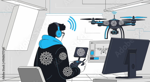 Man controlling drone with remote and computer, technology concept illustration