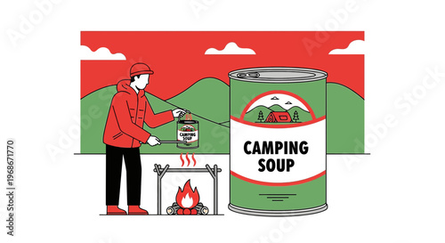 Man cooking camping soup over campfire next to giant soup can