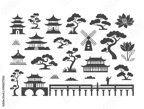 Japanese culture vector icon set with pagoda buildings, bonsai trees, lotus flowers, bridge and traditional landmarks