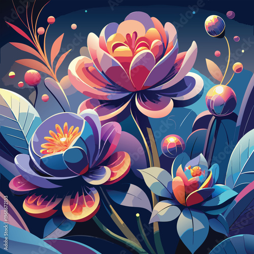 Enchanting floral composition with luminous blooms and dark background with the luminous petals and spherical elements create a sense of