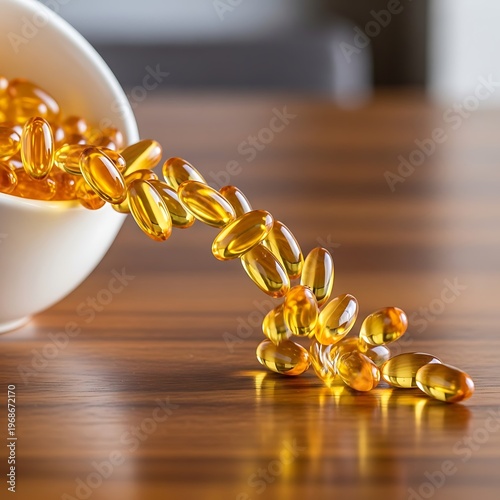 Omega 3 Capsules Pouring From White Bowl on Table.