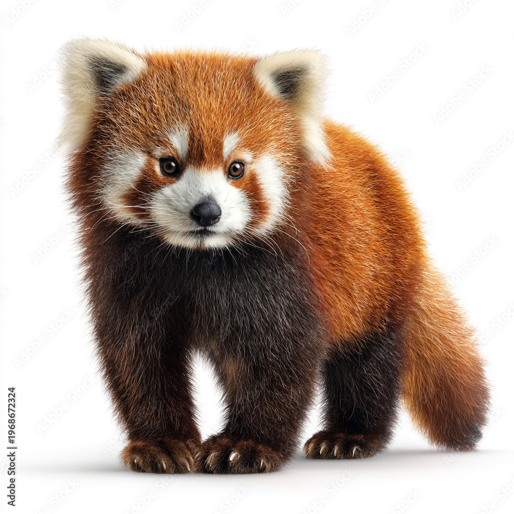 Obraz premium A stunningly photorealistic red panda with vibrant orange fur and a bushy ringed tail, sitting curiously and isolated against a clean white studio background.