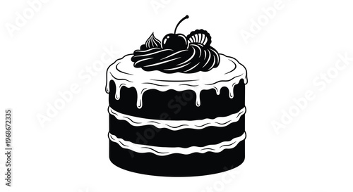 A detailed black and white illustration of a multi layered cherry topped cake presented in striking silhouette high quality professional modern elegant stylish clean crisp