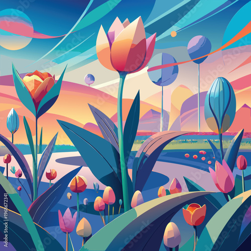 Stylized alien landscape with giant geometric flowers at sunset with a surreal and vibrant illustration of an alien landscape at sunset