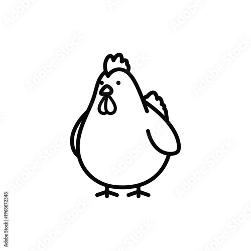 A simple black and white line drawing of a cute, plump chicken standing on a white background, with a minimalist and clean aesthetic.