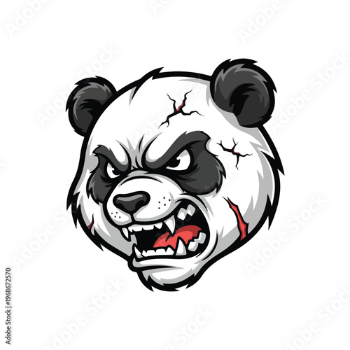 A fierce panda warrior in a black hooded robe, holding a sharp ninja sword and dagger, with an intense stare and muscular build, isolated on white background