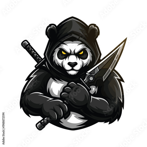 Fierce, angry panda with cracked skin and a bloody wound, snarling aggressively with sharp teeth, conveying a menacing and wild mood against a stark white background