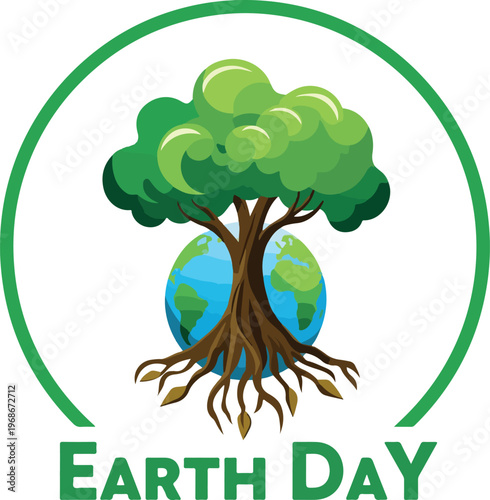 Vibrant Earth Day tree logo with globe roots and eco circular frame in green and blue tones