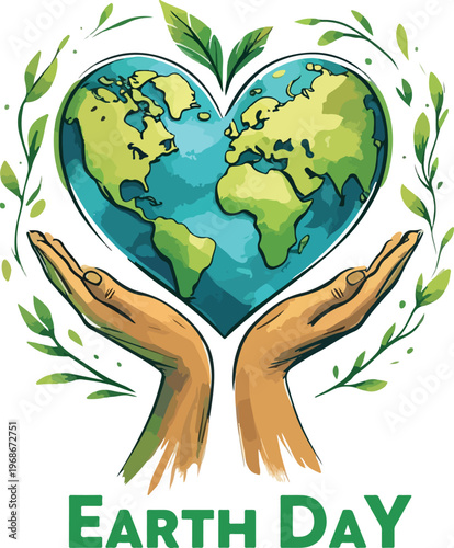Hand drawn Earth Day logo with globe in heart held by caring hands in natural green blue tones