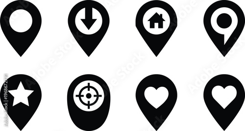 Collection of location pin icons including a house home star target and heart shapes