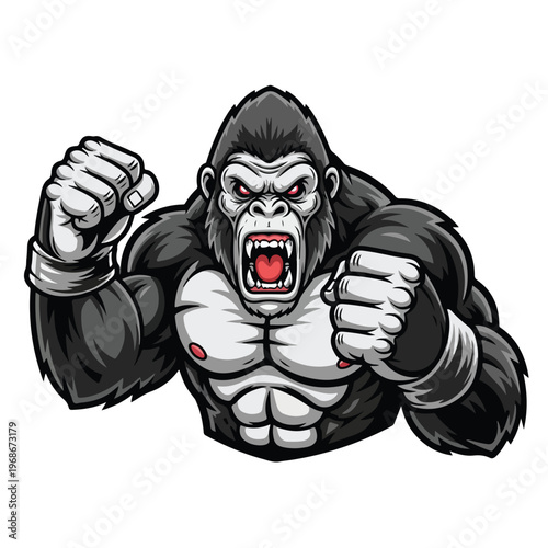 Fierce gorilla in a boxing stance with clenched fists and an aggressive expression, depicted in a bold cartoon style against a white background, ready for combat
