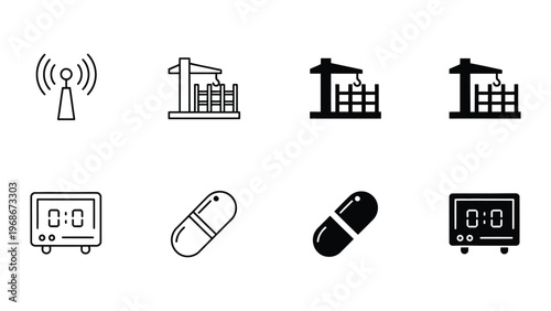 A collection of black and white icons representing technology and medicine on a clean white background