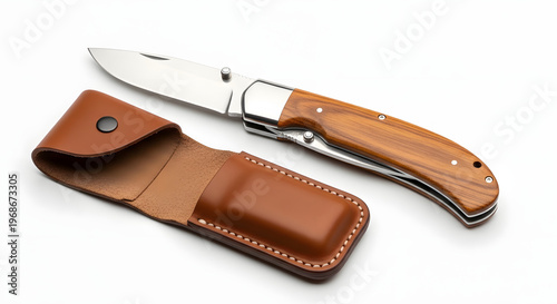 A pocket knife with a wooden handle and leather sheath on a white background