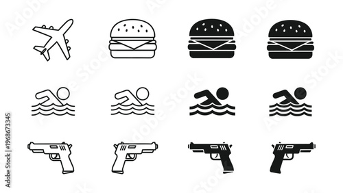 A collection of various icons including an airplane, hamburgers, swimmers, and guns on a white background