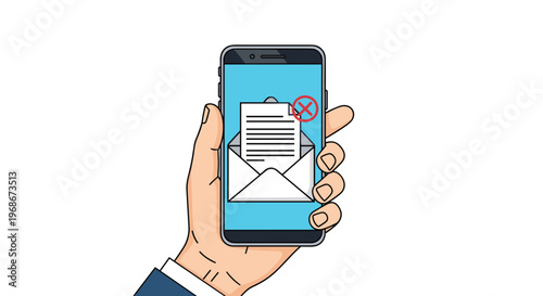 Close-up of a hand holding a smartphone displaying an open email with a red cross icon indicating a delivery failure or error.