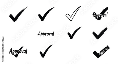 Collection of different approval stamps and brush-stroke checkmark icons in black for document verification and task status.