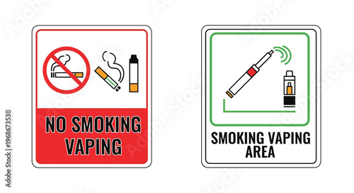 Side by side comparison of a no smoking or vaping prohibition sign and a designated smoking vaping area permission sign.
