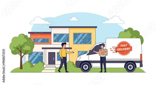 White delivery van stopped in front of a modern house while a courier delivers a parcel to a happy customer outdoors.