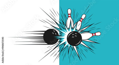Dynamic action shot of a black bowling ball crashing into white pins with a comic-style burst of energy and motion lines.