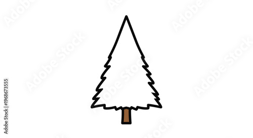 Minimalist illustration of a white evergreen pine tree with a black outline and brown trunk isolated on a plain white background.