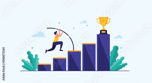 Determined athlete using a pole to vault over a bar towards a trophy at the top of a rising bar chart representing career success.