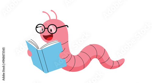 Adorable pink bookworm wearing glasses and smiling while happily reading a blue book on a plain white background.