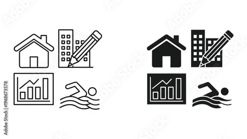 A set of black and white icons depicting business and finance symbols with a house and a swimmer