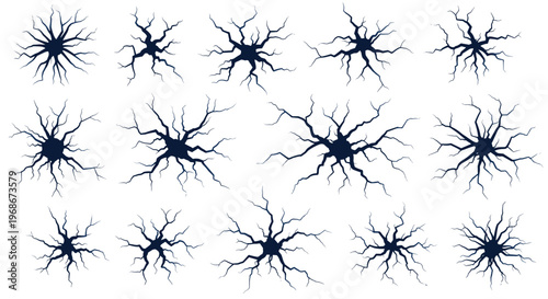 Comprehensive collection of different dark blue ground cracks and fissure patterns representing earthquakes, drought, or dry surfaces.