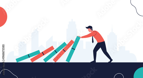 Brave man in a business shirt stopping a line of falling colorful dominoes to prevent a crisis and represent risk management.