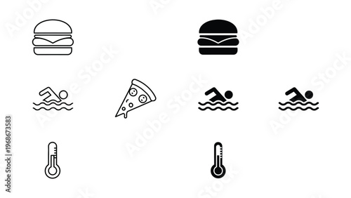 A set of black and white icons depicting food and summer activities