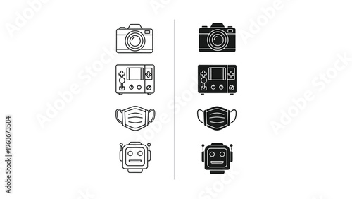 A collection of black and white icons featuring cameras, video game controllers, face masks, and robots on a clean white background.