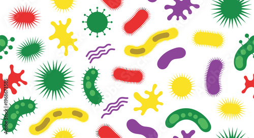 Seamless pattern background filled with colorful varied shapes of bacteria, viruses, and microorganisms representing biology and health.