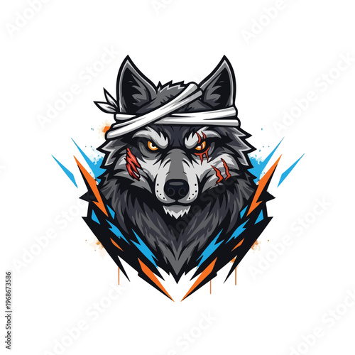 Illustration of a fierce wolf with a bandaged head and battle scars, depicted with intense eyes and aggressive posture against a dynamic, abstract background with sharp, angular shapes