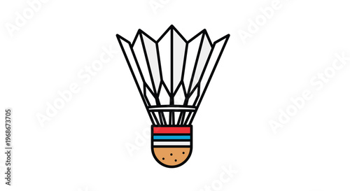 Detailed illustration of a badminton shuttlecock with white feathers and a red, blue, and brown base isolated on a clean white background for sports.