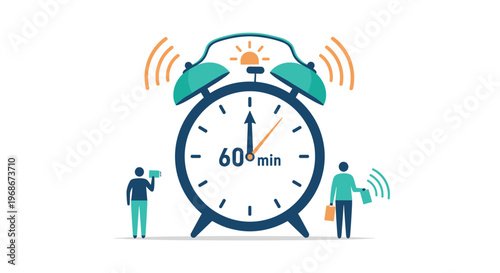 Conceptual illustration of an alarm clock set for 60 minutes with two small people managing time and notifications in a clean office setting.