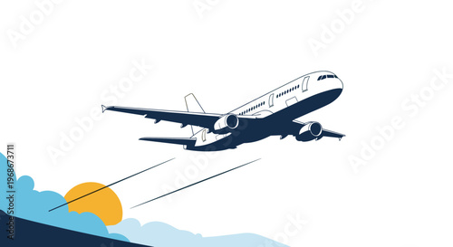 Graphic illustration of a commercial airplane taking off into the sky with a sun and clouds at the bottom against a white background for travel.