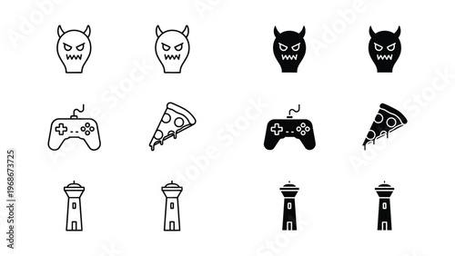 A collection of various black and white icons on a plain white background