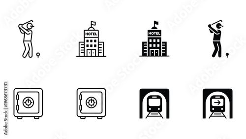 A collection of black and white icons representing travel and finance