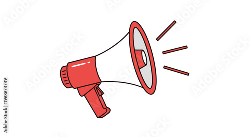 Simple red and white megaphone icon with sound lines on a clean white background representing communication, alerts, and marketing announcements.