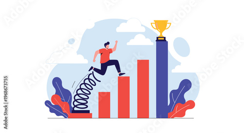 Motivated person using a spring to jump up a bar chart towards a golden trophy in a conceptual illustration of rapid success and growth.